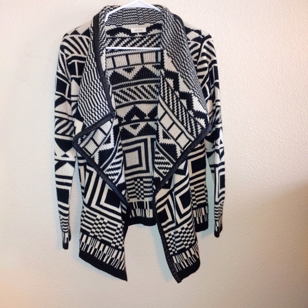 In style black white open front waterfall cardigan